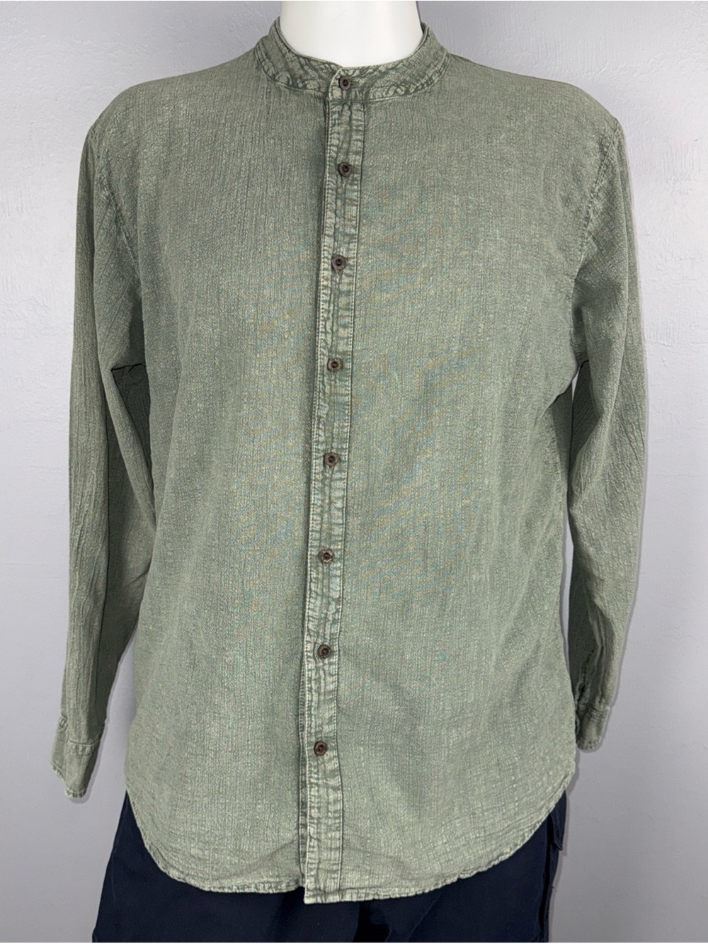 Cotton Natural Shirt XL Olive Mandarin Collar Button Down Lightweight Breathable